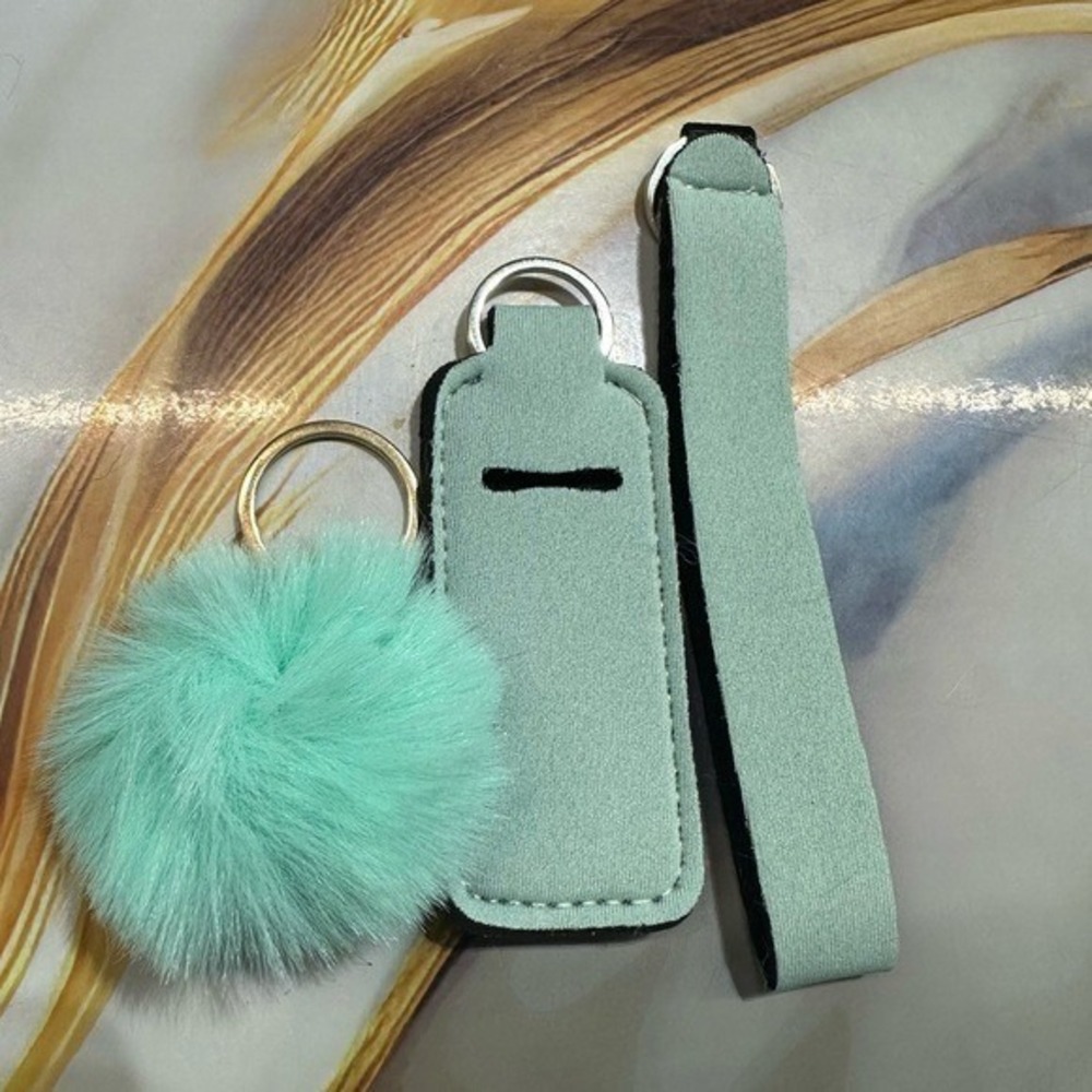 NEW keychain set lip balm holder & wristlet (5 inches) & pom pom